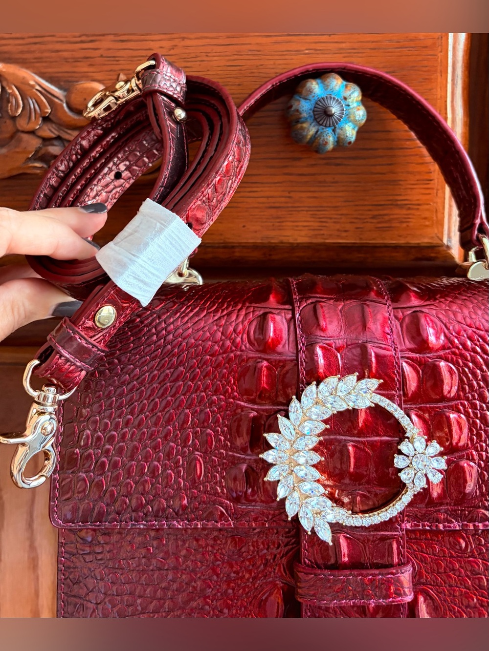 Brahmin Red Croc-Embossed Satchel with Swarovski Wreath Buckle, and Bird Charm - Picture 12 of 12